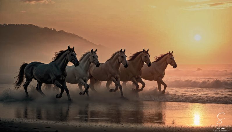 Pferdegalopp am Strand bei Sonnenuntergang