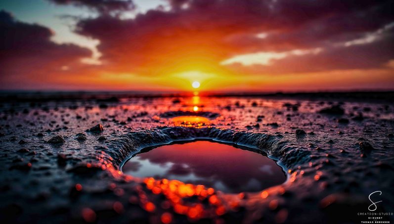Pfütze reflektiert Sonnenuntergang am Strand