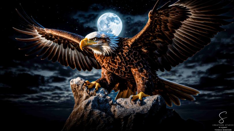 Weißkopfseeadler vor Vollmond auf Felsen