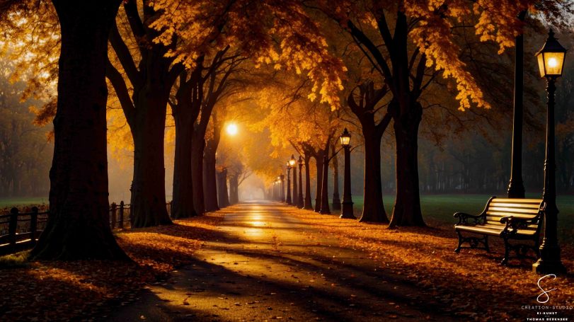 Herbstliche Allee im warmen Abendlicht
