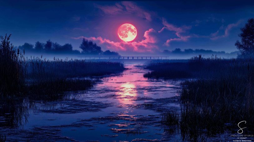 Blutmond über nebeligem Fluss