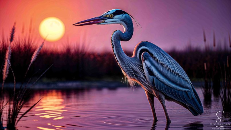Graureiher bei Sonnenuntergang am Wasser